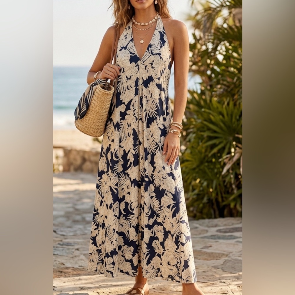 Ble Resort Collection Halter Maxi Dress Navy White Floral Designed in Greece NEW